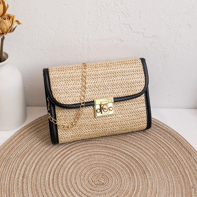 Straw Square Crossbody Handbag Black Trim - Natural