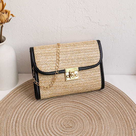 Straw Square Crossbody Handbag Black Trim - Natural
