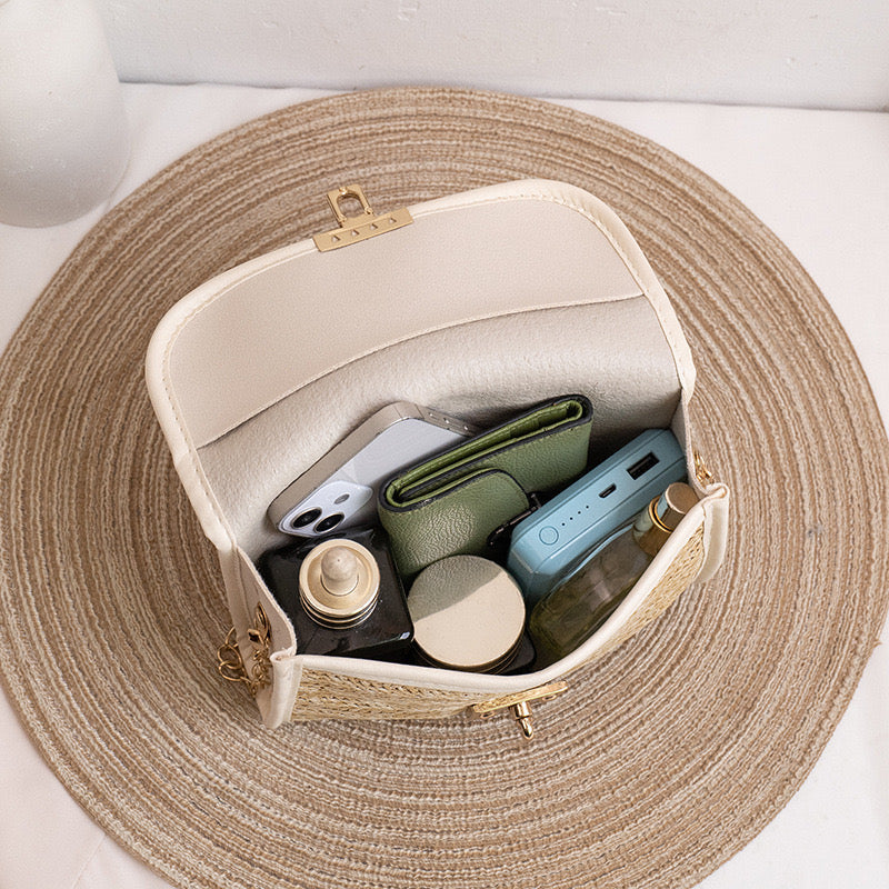 Straw Square Crossbody Handbag Black Trim - Natural