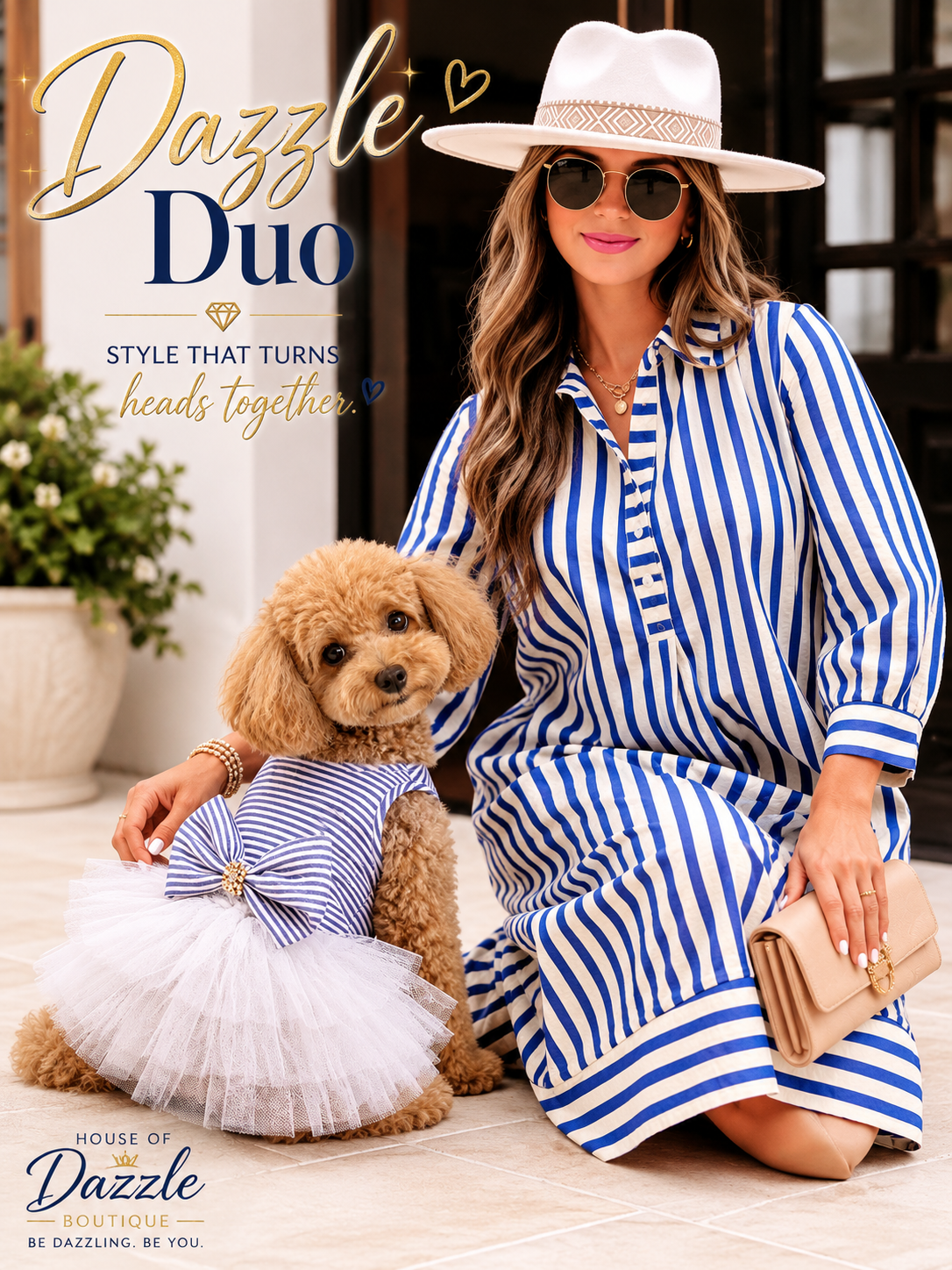 Blue Striped Tulle Dog Dress with Bow | Small Dog Princess Dress |