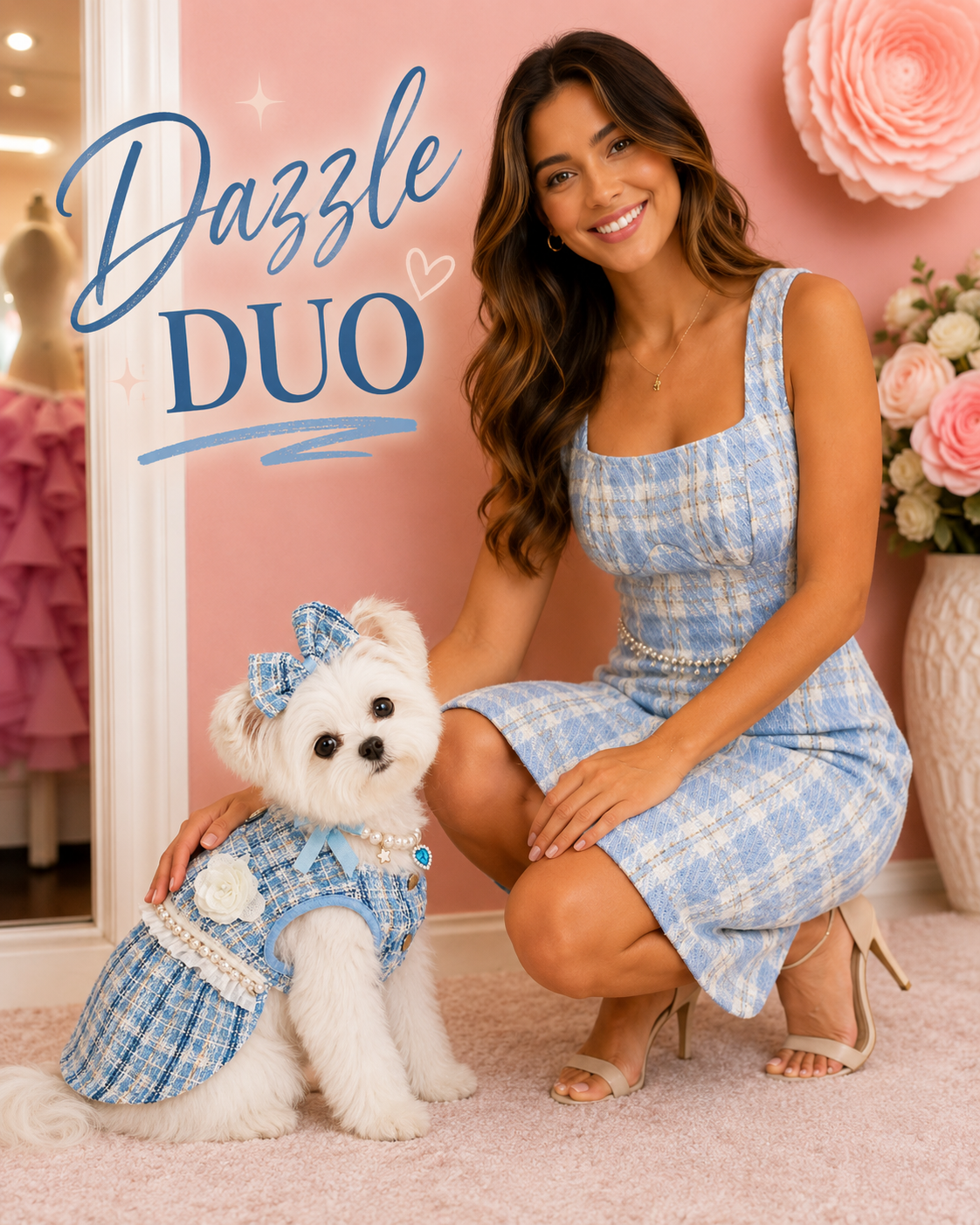 Blue Tweed Pearl Dog Dress with Matching Bow | Luxury Boutique Puppy Dress for  Dogs