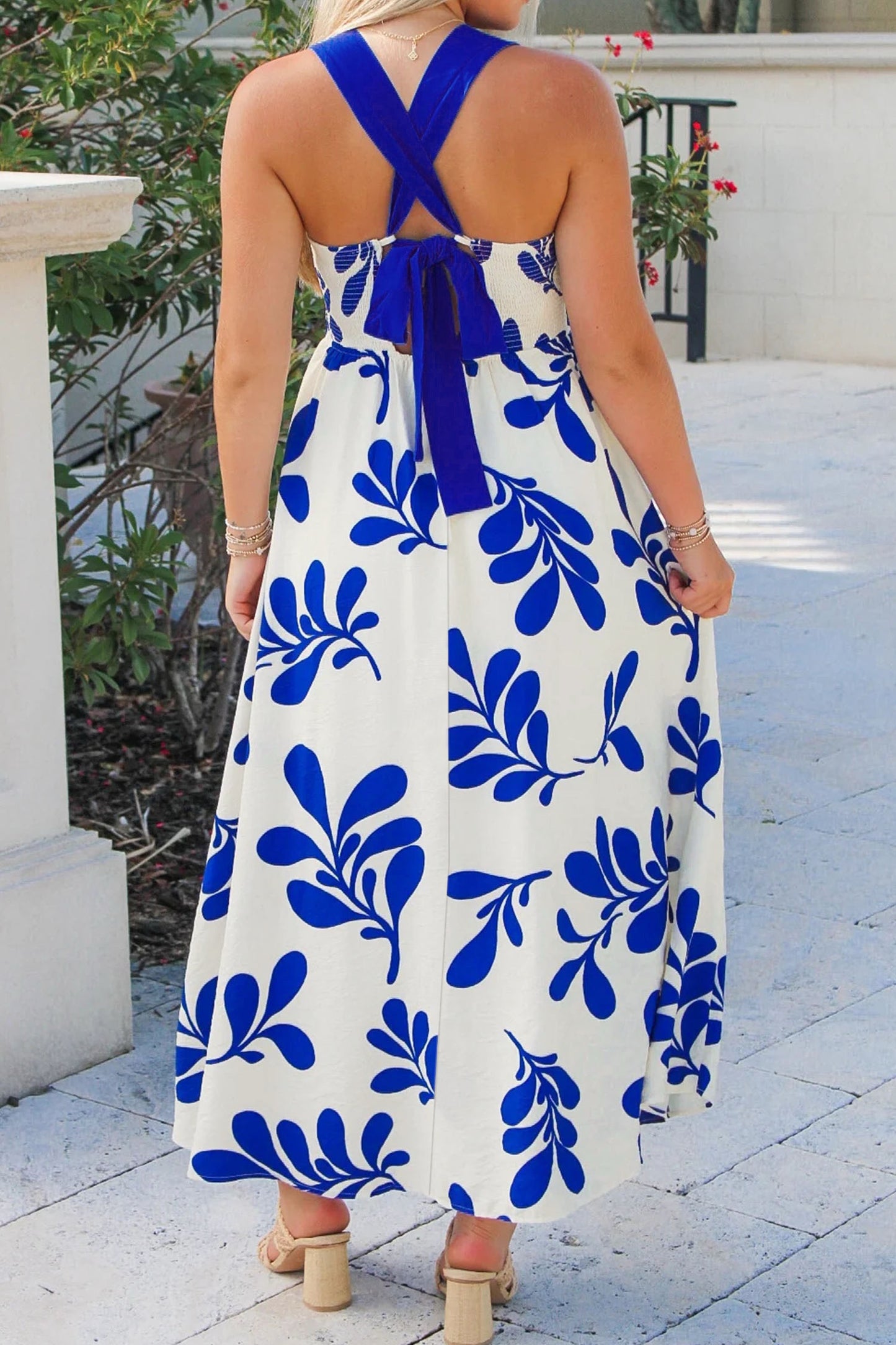 Blue and White Floral Maxi Dress for Women | Elegant Tie Back Summer Vacation Dress