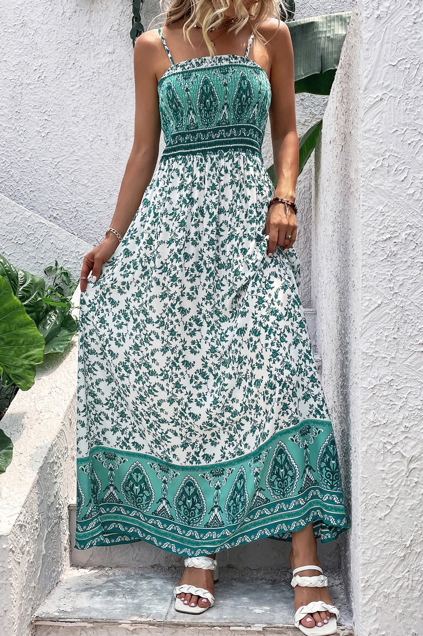 Emerald Garden Smocked Maxi Dress