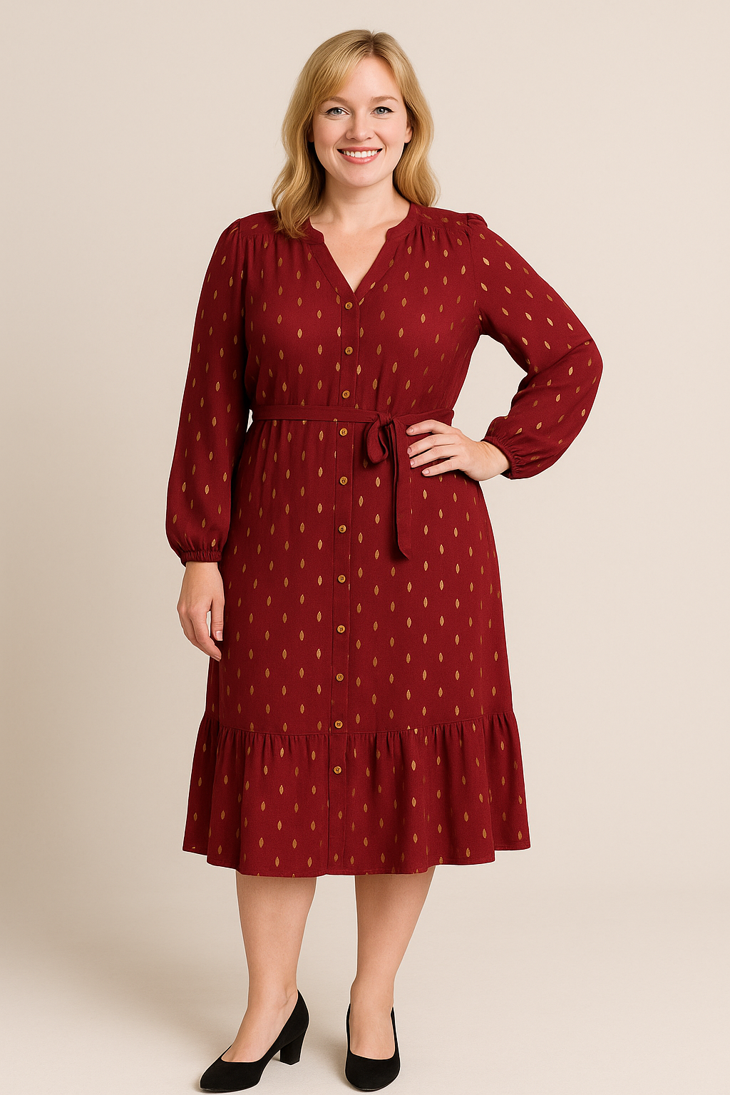 Lantern Sleeve Dress With Gold Leaf Foil Print - Burgandy