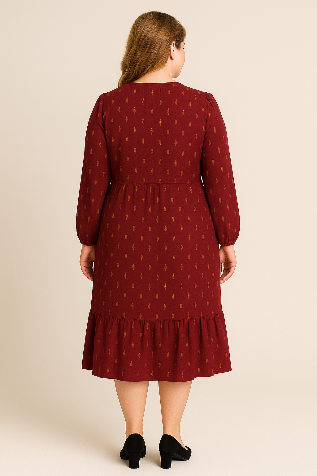 Lantern Sleeve Dress With Gold Leaf Foil Print - Burgandy