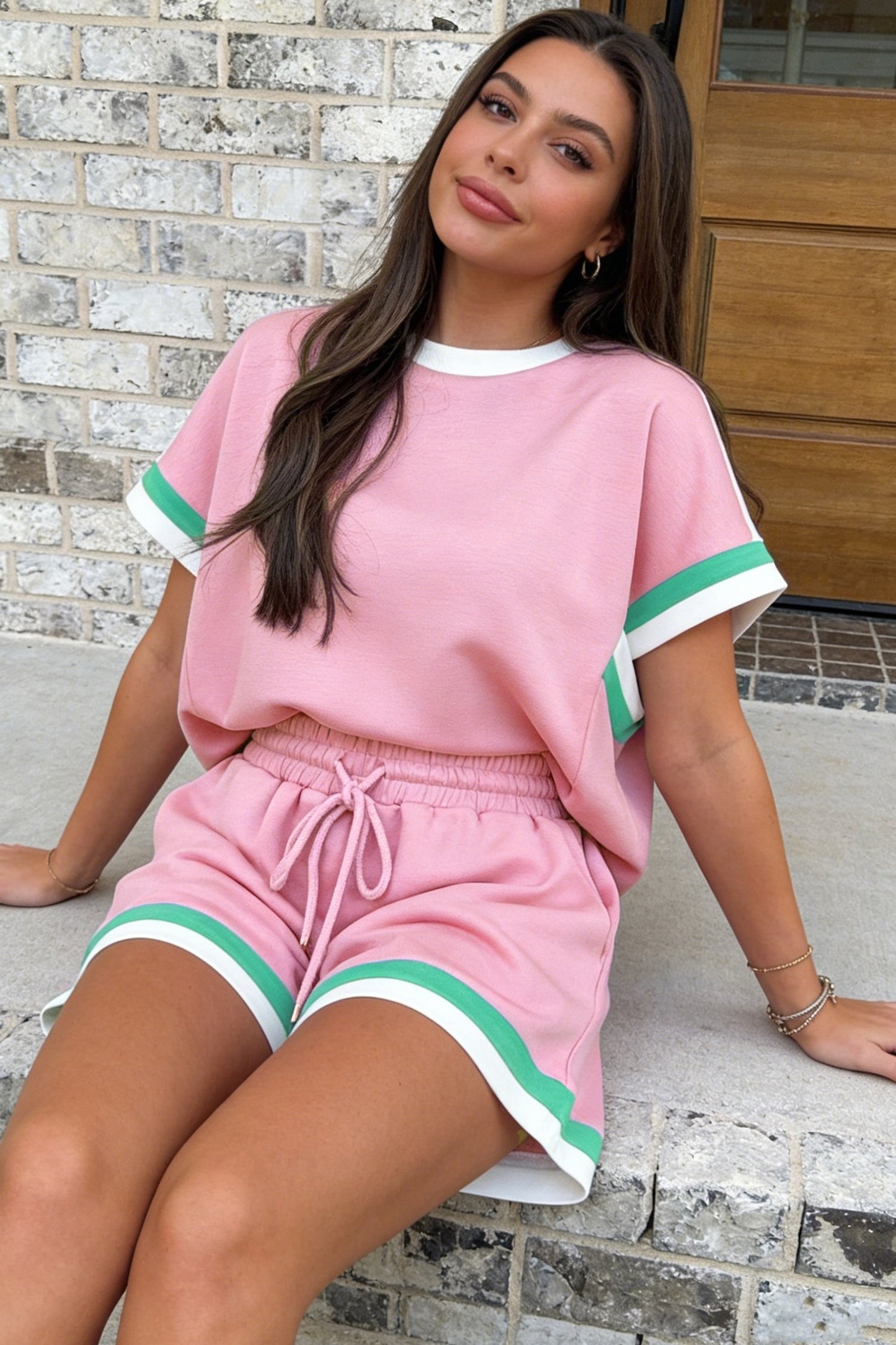 Pink Contrast Trim Lounge Set | Women’s Casual Two-Piece Shorts Set