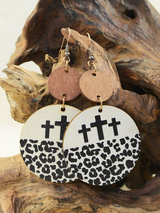 Wood Cross Earrings - Brown