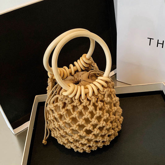 Woven Macrame Handle Bag - Khaki