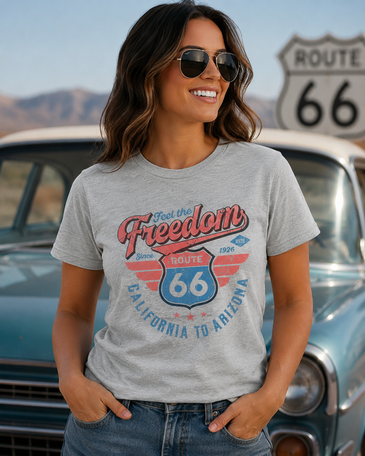 Feel the Freedom Route 66 Graphic Tee | Vintage Patriotic Women’s T-Shirt