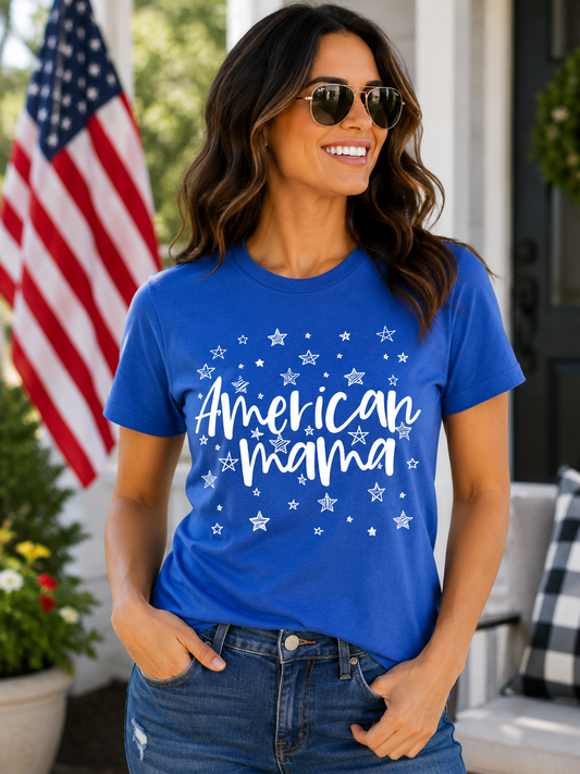 Blue American Mama Patriotic Graphic T-Shirt | Women’s Fourth of July Tee
