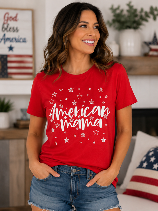 Red American Mama Patriotic Graphic T-Shirt | Women’s Fourth of July Tee