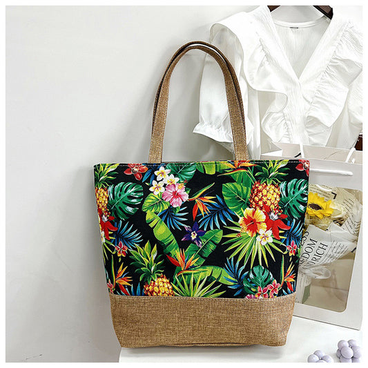 Tropical Floral Print Jute Tote Bag - Multi-Color