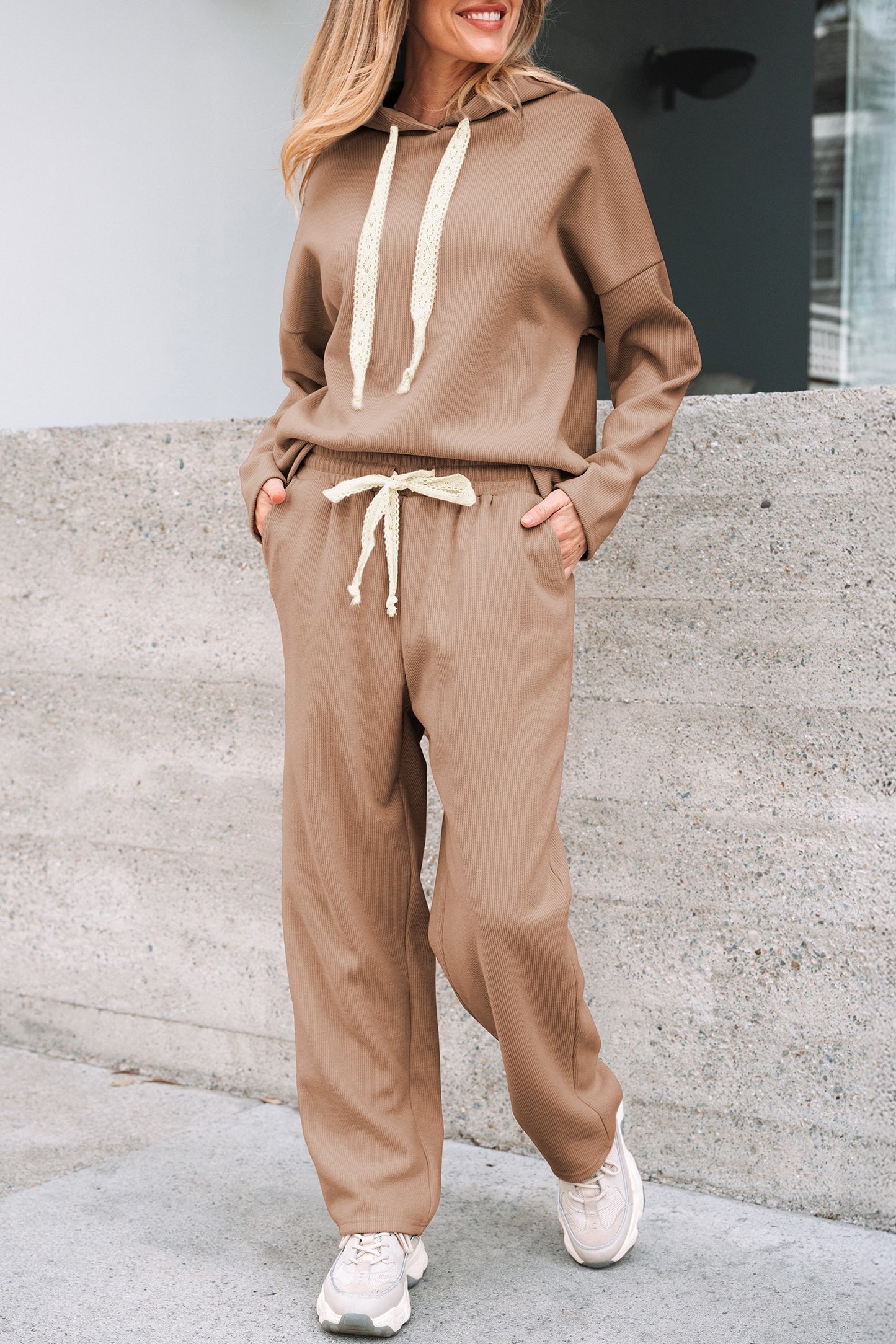 Cozy Chic Two-Piece Corded  Hoodie Set – Beige
