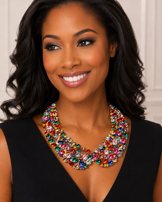 Diana Collar Statement Multicolor Crystal Rhinestone Bib Necklace for Women – Bold Colorful Gemstone Collar Necklace, Fashion Jewelry for Weddings, Parties & Special Occasions