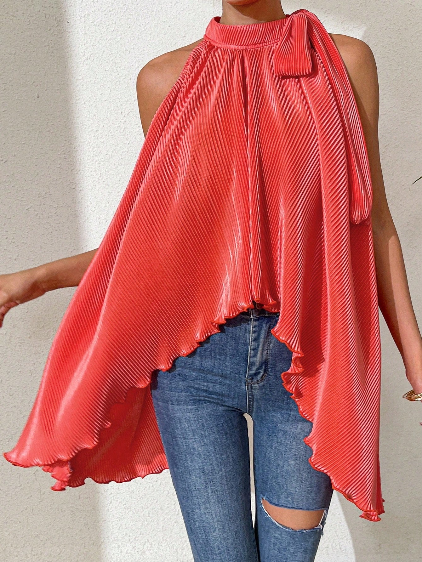 pleated assymetrical cold shoulder blouse with bow coral