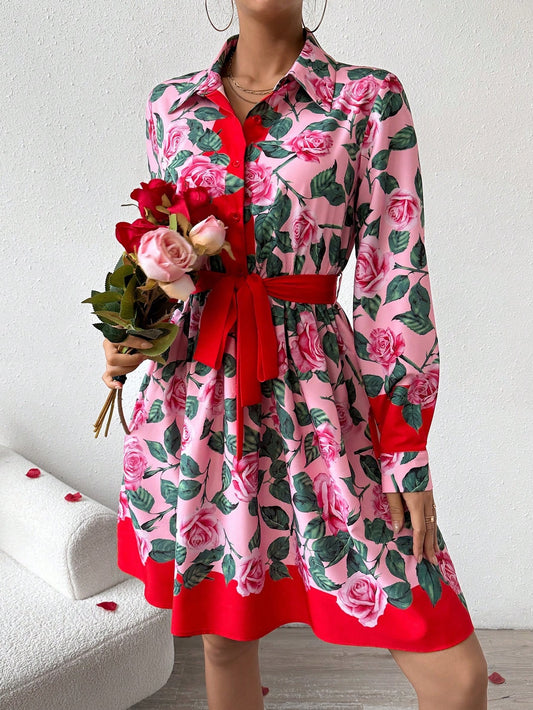 Rose Print Dress -Pink