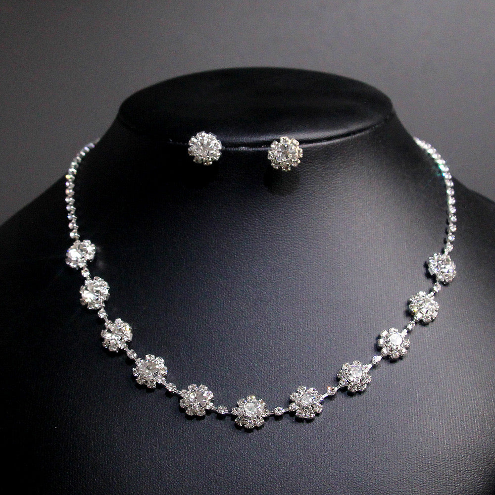 Classic Crystal Floral Necklace & Stud Earring Set – Silver Finish | Bridal & Evening Jewelry