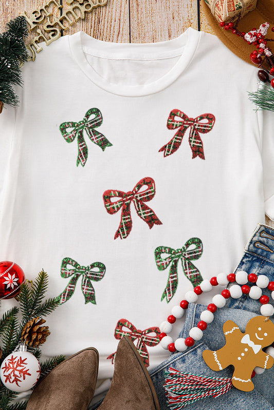 Sequin Holiday Bows Graphic T-Shirt -White