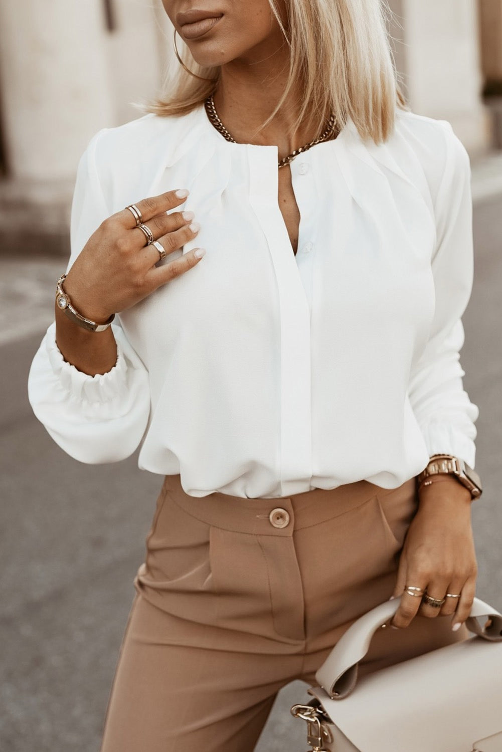 Crew Neck Pleated Long Sleeve Blouse - White