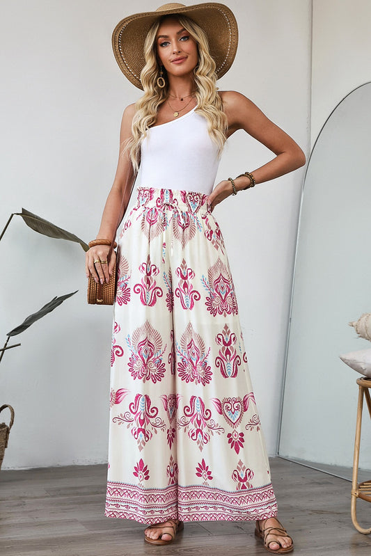 Boho Print Wide Leg Pants - Pink