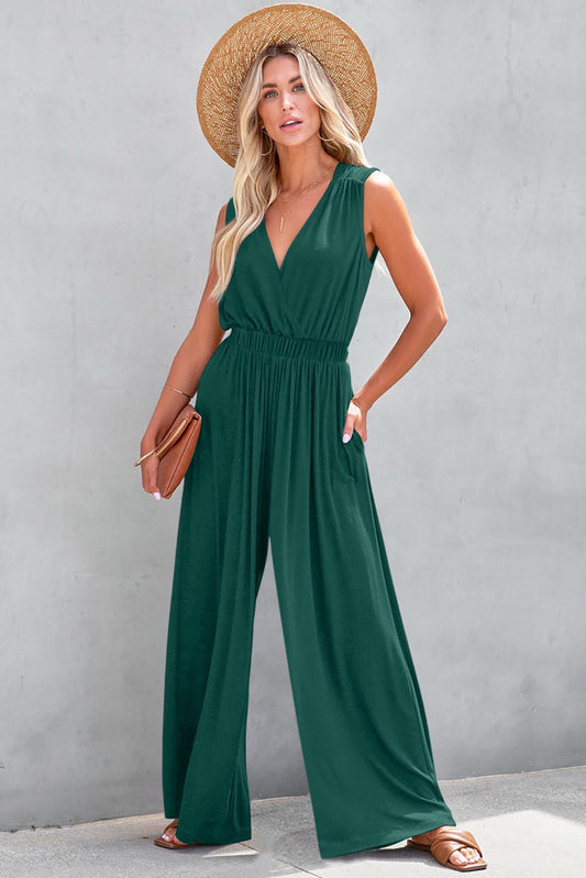 Double V Wide Leg Jumpsuit - Green
