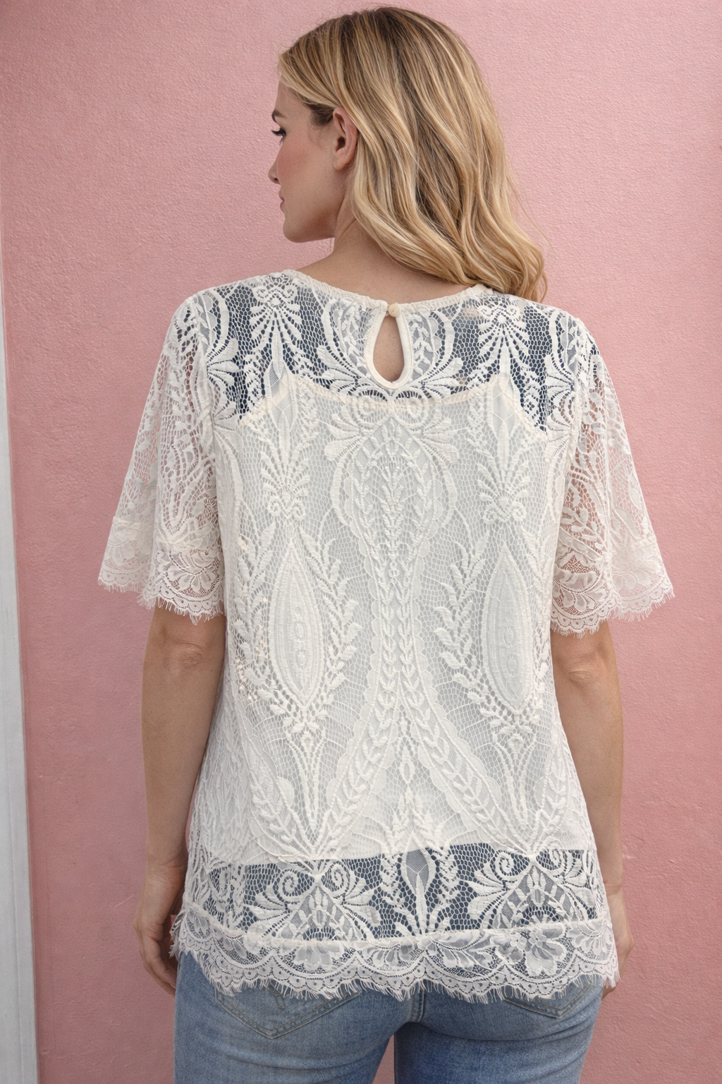 Elegant Ivory Lace Overlay Top with Keyhole Back | Women’s Blouse