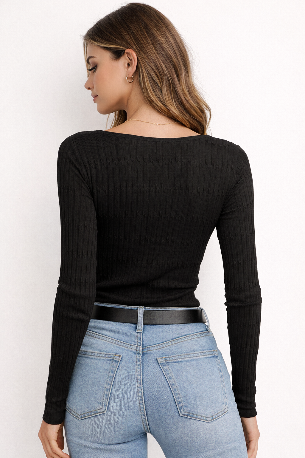 Black Smocked Long Sleeve Scoop Neck Top | Stretchy Fitted Everyday Essential