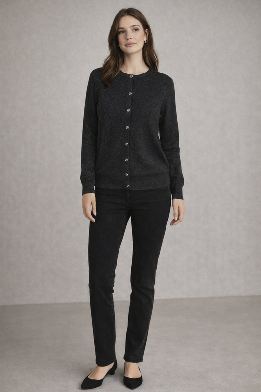 Dear Rose Black Shimmer Knit Button-Front Cardigan | Lightweight Everyday Layer