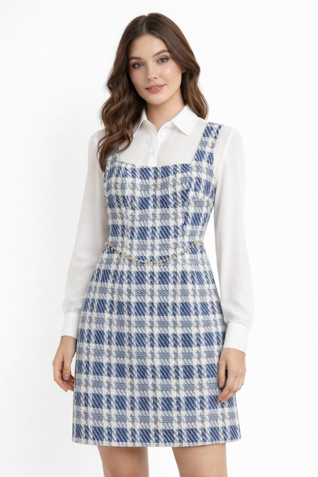 Blue & Ivory Tweed Sleeveless Shift Dress – Knee-Length Classic