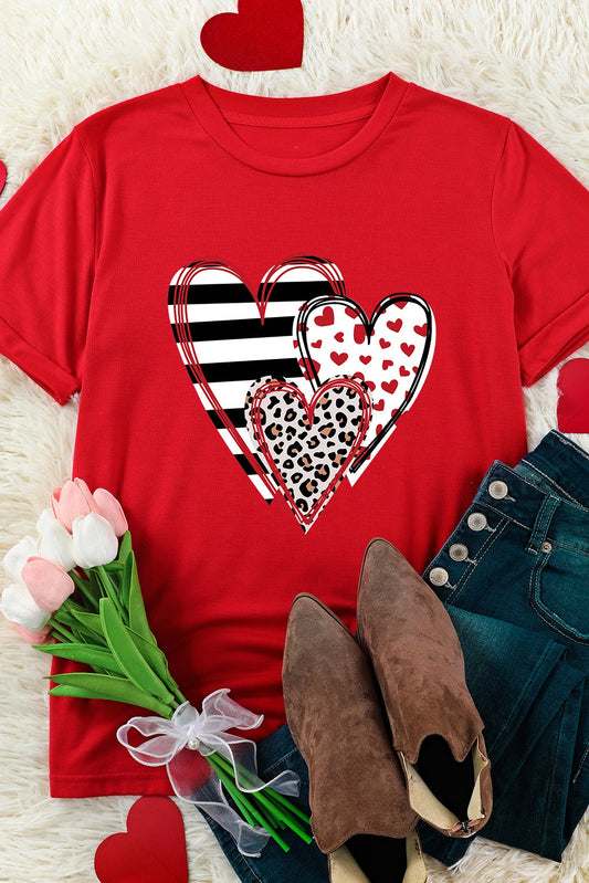 Triple Heart Graphic Tee – Red Valentine T-Shirt with Leopard & Stripe Hearts
