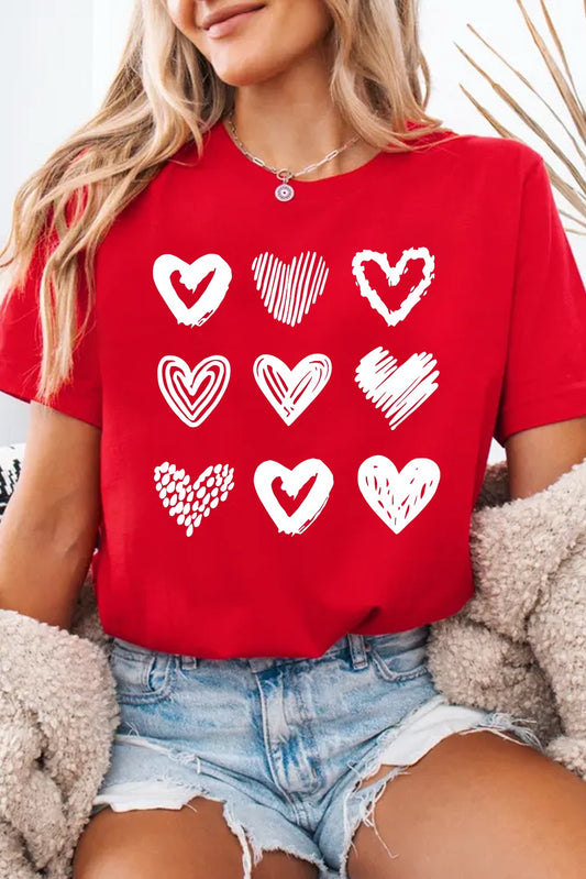 All the Hearts Red Graphic Tee – Valentine Multi-Heart Short Sleeve T-Shirt