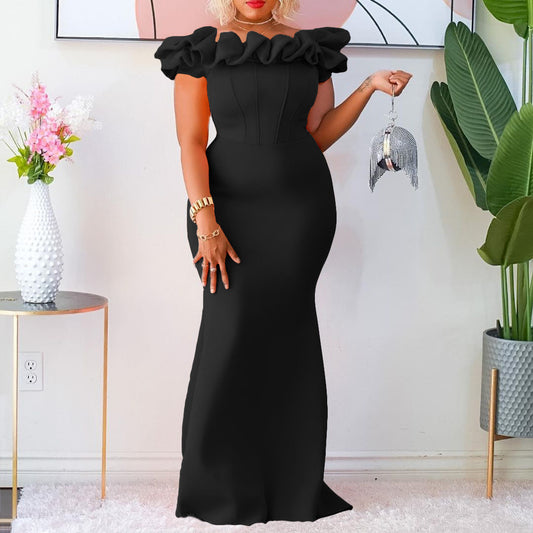 Ruffle Trim Neckline Formal Dress - Black