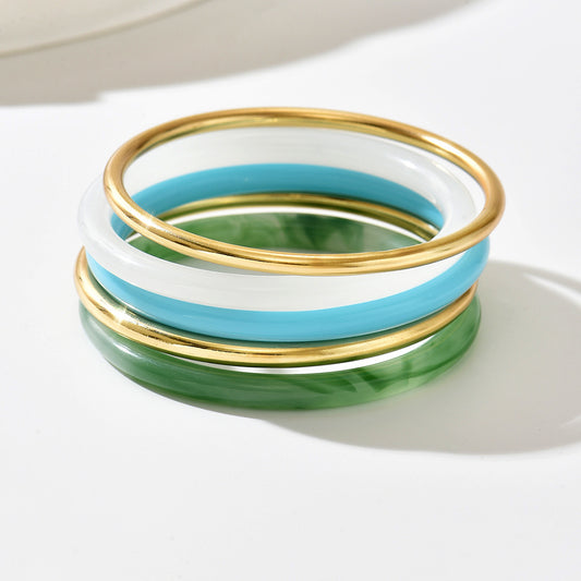 Green, Blue & White Acrylic Stackable Bangle Bracelet Set | Gold Accent Bracelets for Women