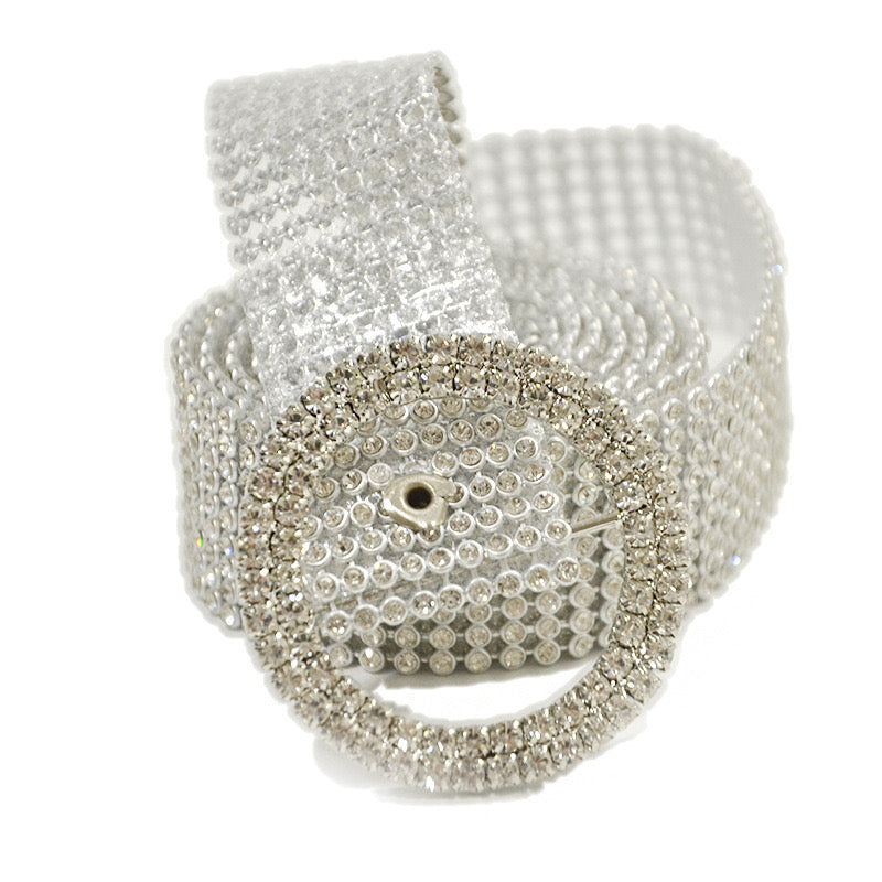 Crystal Rhinestone Statement Belt – Wide Silver Glam Waist Belt with Embellished Buckle