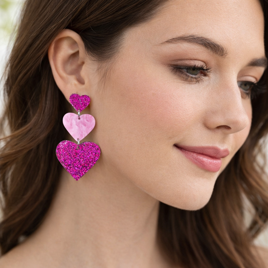 Triple Heart Earrings- Pink