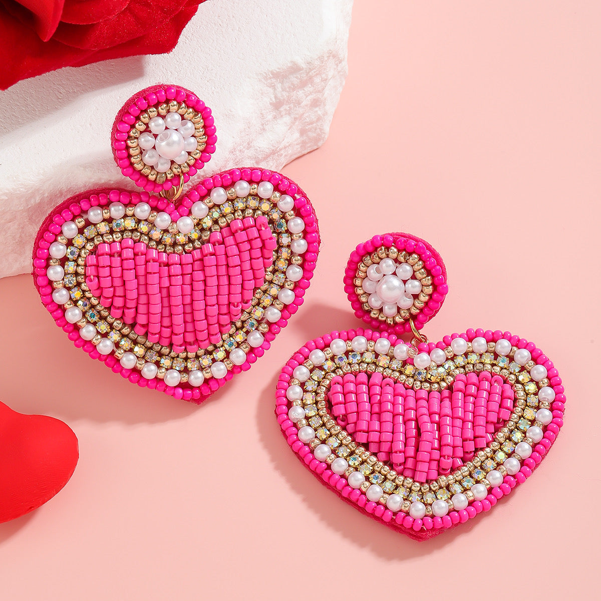 Beaded Heart Earrings - Pink