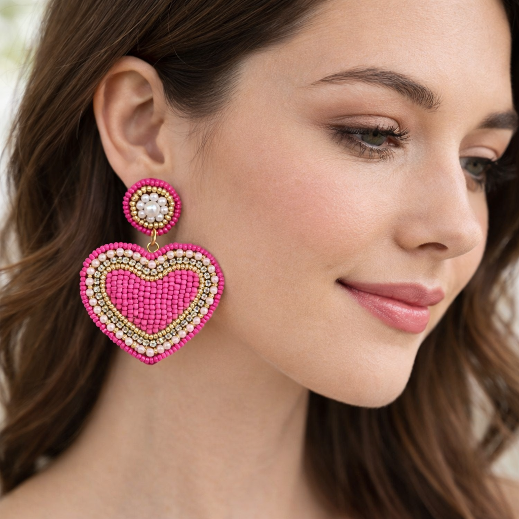 Beaded Heart Earrings - Pink