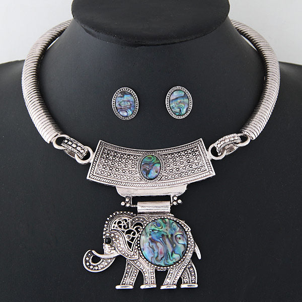 Boho Elephant Statement Necklace & Earring Set | Silver Tone Abalone Shell Jewelry for Women