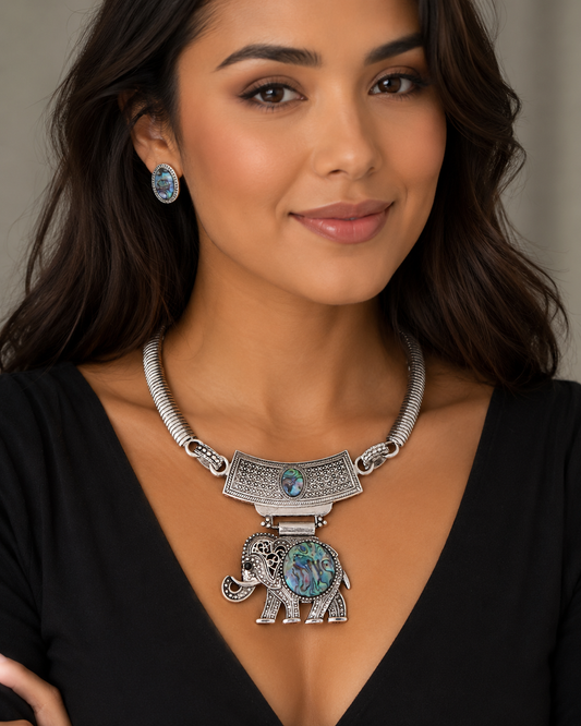 Boho Elephant Statement Necklace & Earring Set | Silver Tone Abalone Shell Jewelry for Women