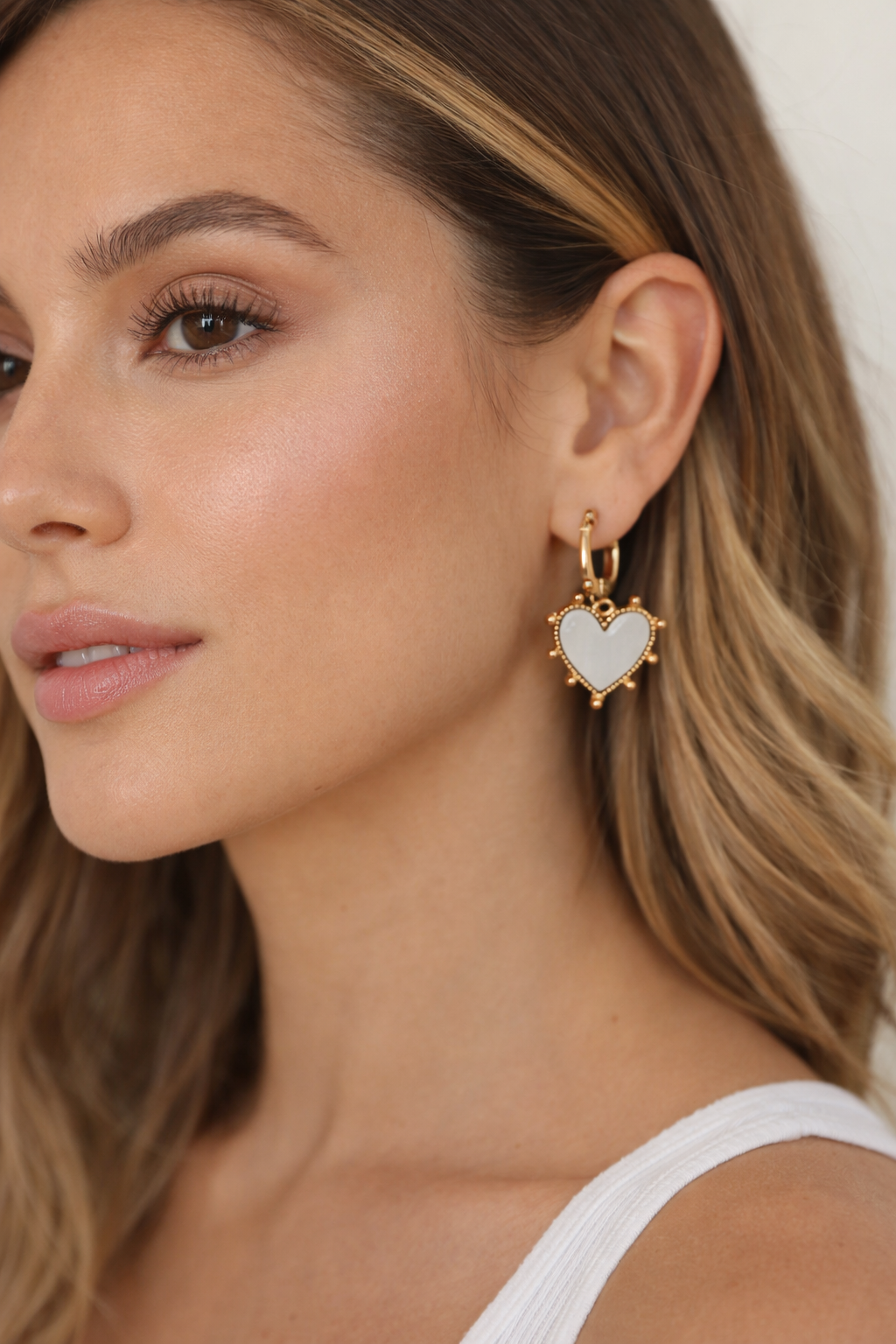 Gold Heart Charm Hoop Earrings - White