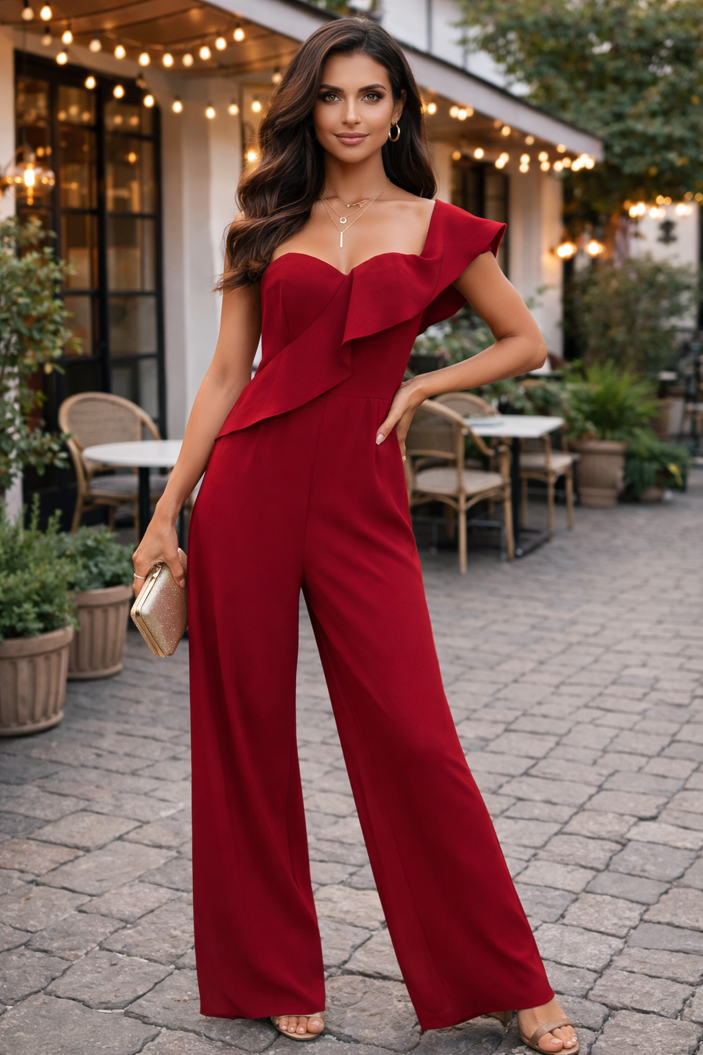 Scarlet Ruffle One-Shoulder Wide-Leg Jumpsuit