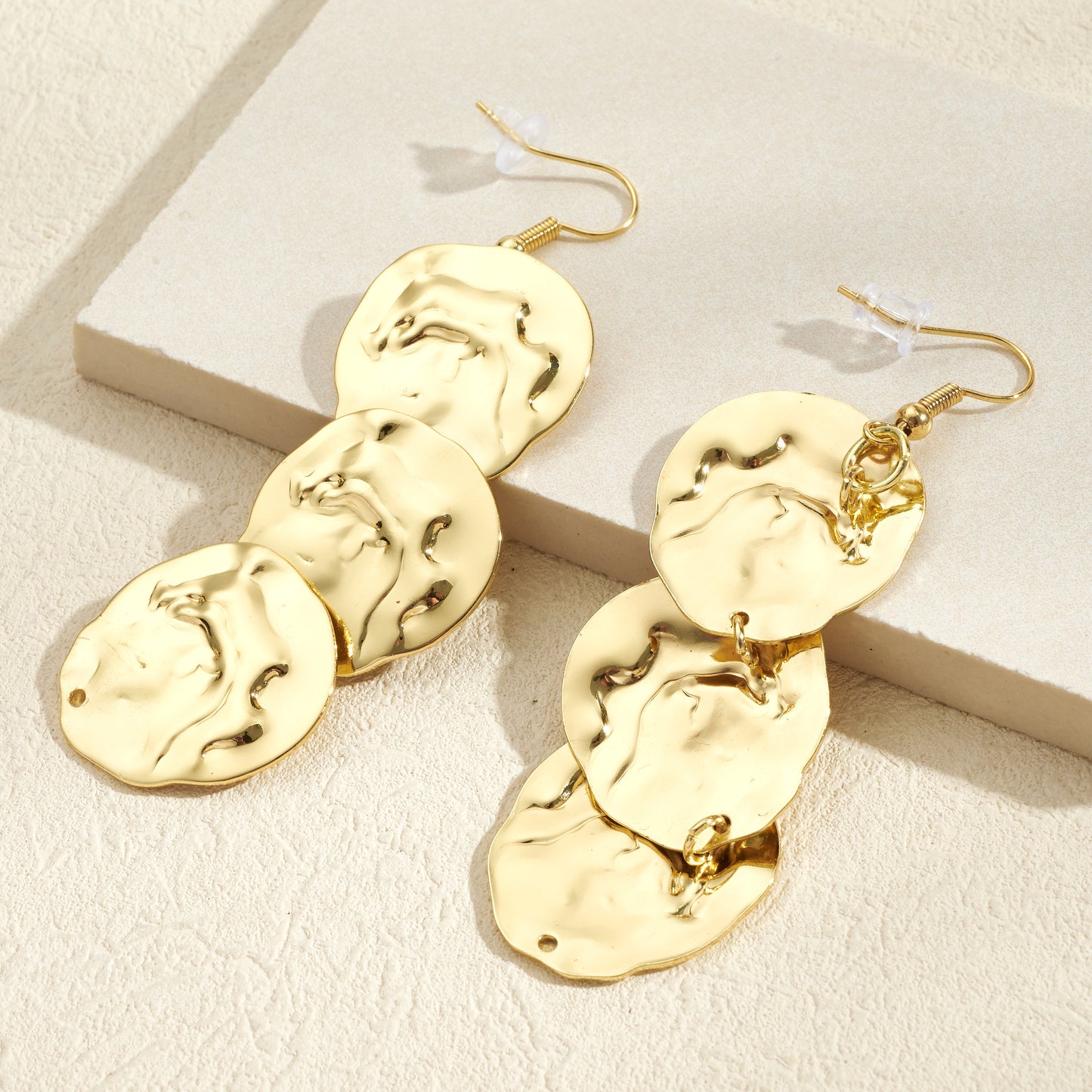 Sculpted Gold Disc Drop Earrings – Hammered Statement Dangle Earrings for Women