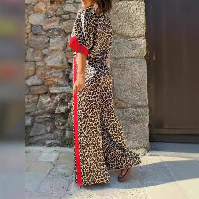 Women’s Leopard Print Two-Piece Pants Set – Red Trim Top & Wide Leg Pants
