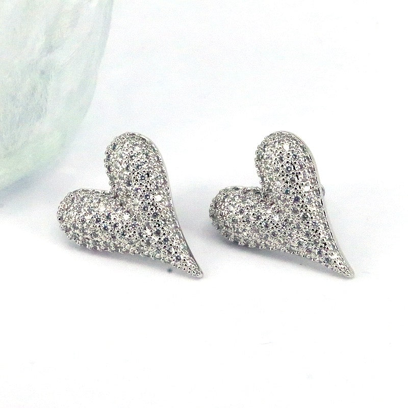 Rhinestone Heart Earrings - Silver