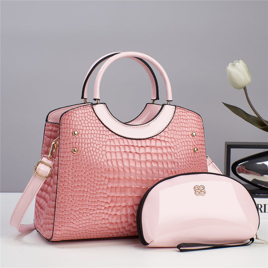 Two-Piece Croc Embossed Handbag & Pouch Set - Blush Pink