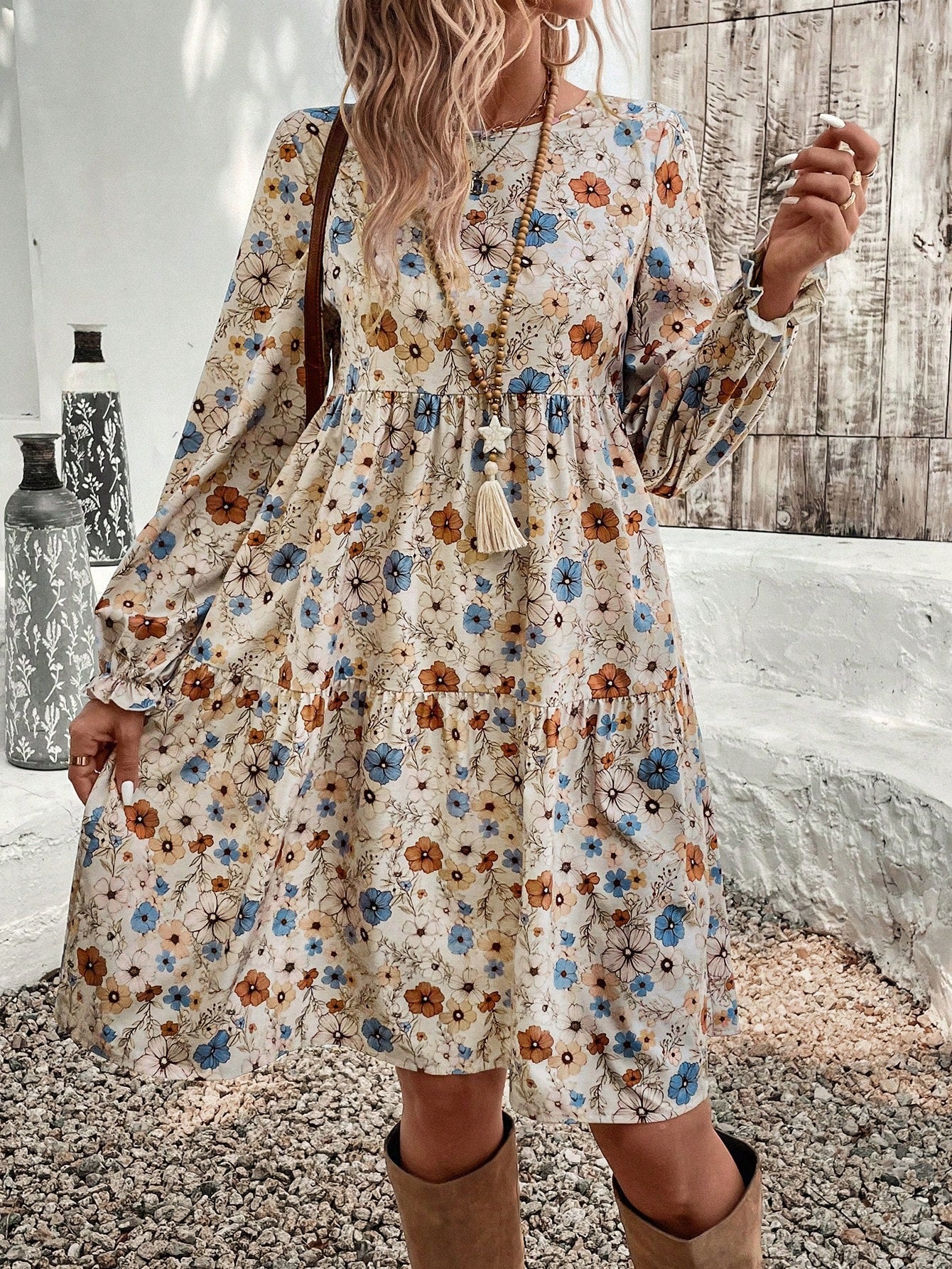 Autumn Bloom Floral Tiered Midi Dress | Long Sleeve Boho Dress for Women