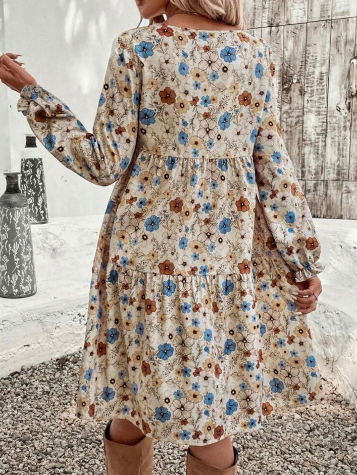 Autumn Bloom Floral Tiered Midi Dress | Long Sleeve Boho Dress for Women