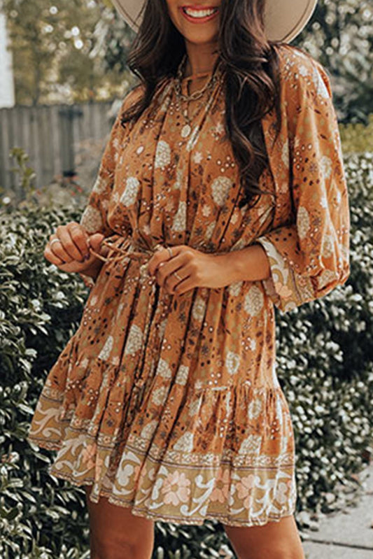 Rust Boho Paisley Mini Dress | Long Sleeve Belted Fall Dress for Women