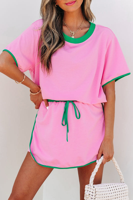 Two-Piece Color Block Skort Set -Pink Green Trim