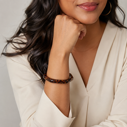 Tortoise Geometric Bangle Bracelet – Brown Acrylic Statement Bracelet for Women